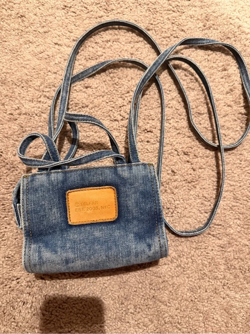 Telfar Blue Denim Mini Shoulder Bag with Embroidered Logo